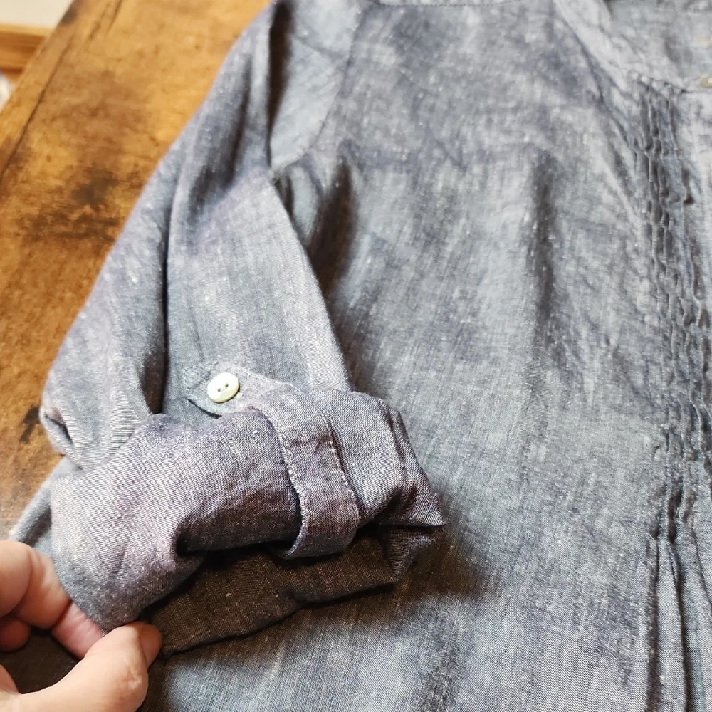 J. JILL | Linen‎ Blend Blue Gray Button-Down Tunic Dress Duster | L Petite